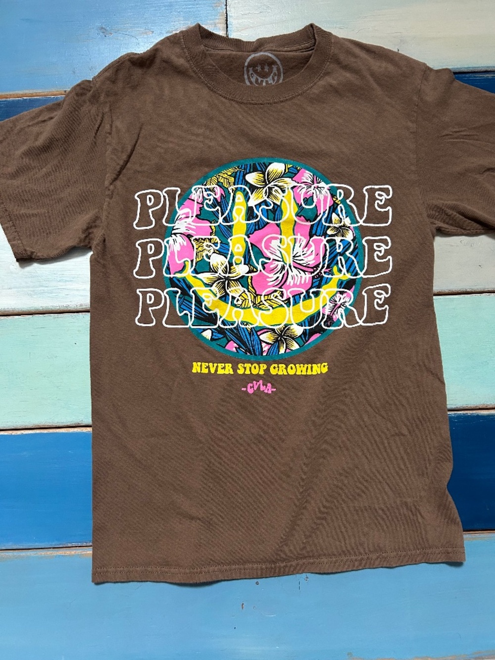 CVLA Pleasure Pleasure Pleasure Graphic T-Shirt Brown Tropical Smiley Tee